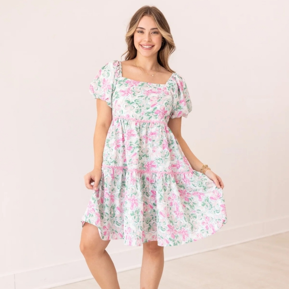 ⚡️Grace + Emma Green Pink Floral Print Square Neck White Short Dress